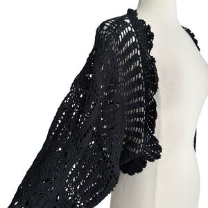 Apostrophe Black Crochet Open Knit Shrug Bolero Cardigan Ramie Cotton Boho Small